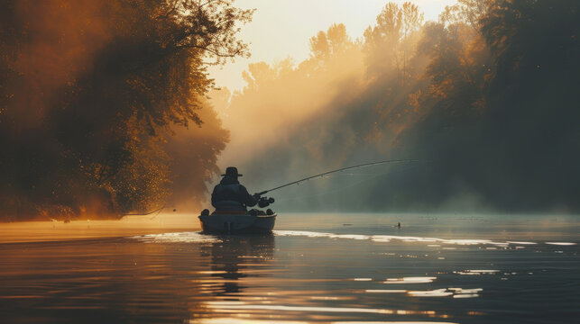 National Hunting and Fishing Day in the USA. a man is fishing with a fishing rod - Powered by Adobe