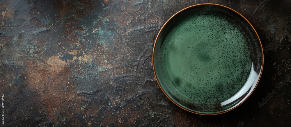 Poster Top view of an empty classic green plate on a dark rough table surface with ample copy space for menu or recipe backgrounds, enhancing a rustic table setting.