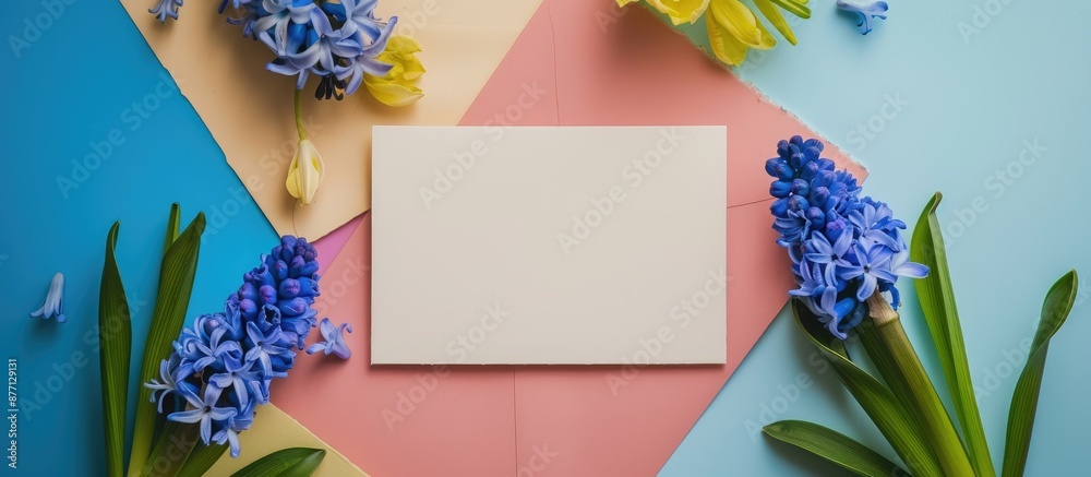 Leinwandbilder Spring hyacinth flowers in a flat lay composition with a blank card on a colorful background, offering ample space for text input.