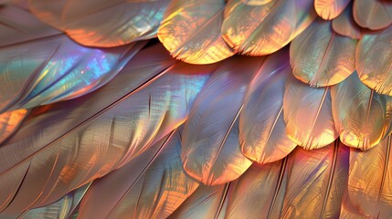 Overlapping iridescent feathers with warm hues texture background image. Layered plumage arrangement, shimmering light photo backdrop wallpaper realistic. Abstract concept photorealistic