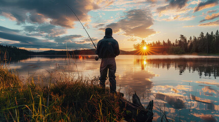 National Hunting and Fishing Day in the USA. a man is fishing with a fishing rod