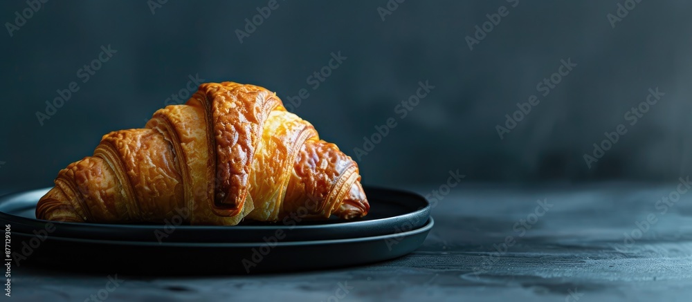 Sticker A tempting croissant on a black plate with a dark backdrop in a close-up copy space image.