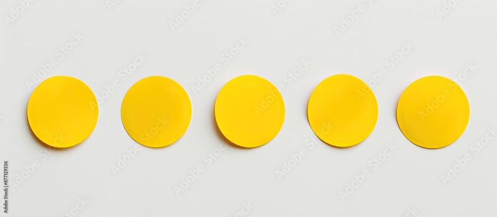 Aufkleber five yellow circular stickers on a white backdrop with copy space image.