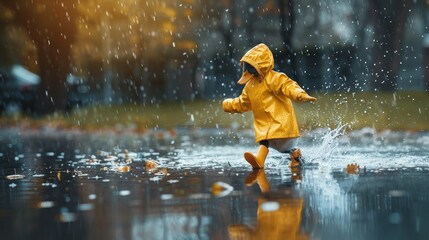 Fototapeta premium A small girl, clad in a yellow raincoat, dashes through a puddle in the rain Her mirror image reflects in the water