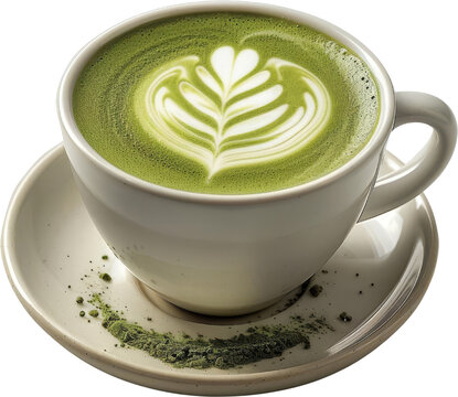 Elegant matcha latte in a white cup with intricate foam art on top, placed on a matching saucer with a dash of green tea powder.