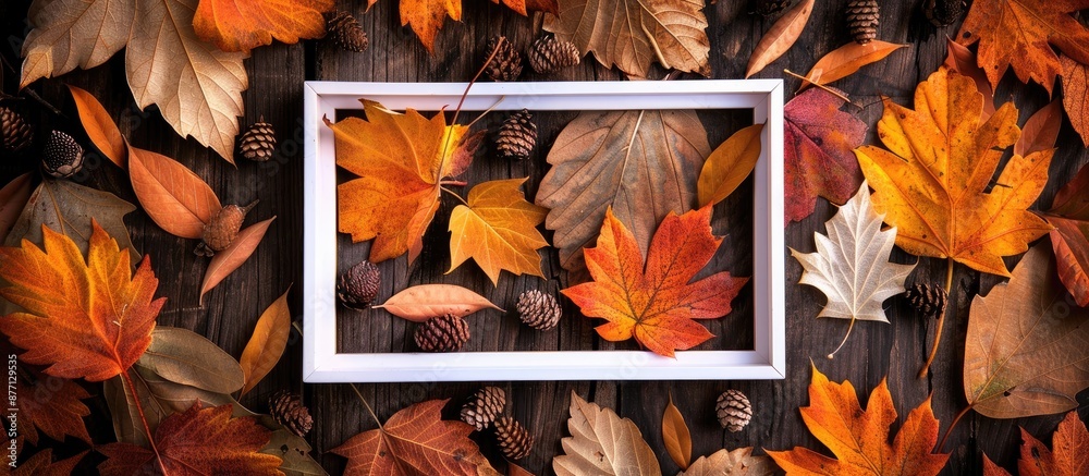 Poster Autumn leaves surrounding a white square frame with copy space image.