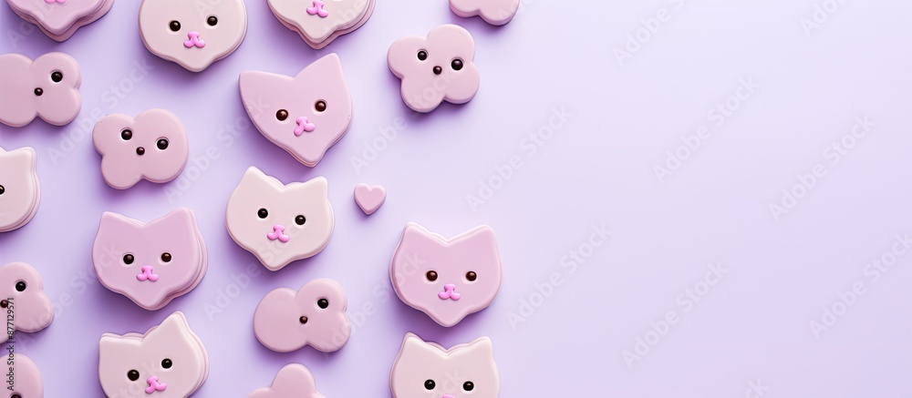 Poster light purple paper background with valentine cat-shaped cookies, featuring copy space image.