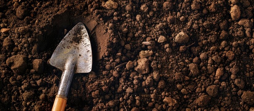 Gardening tool placed on rich soil, with a space for text alongside, ideal for displaying a copy space image.