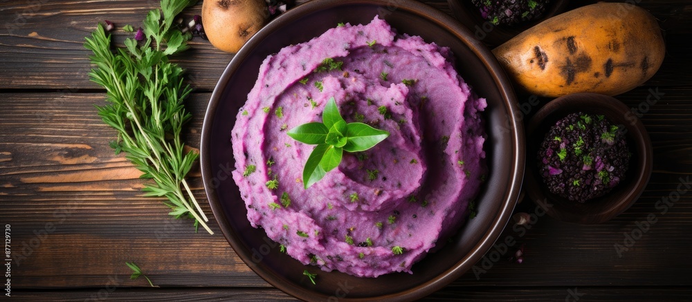 Poster top view of a dish with purple sweet potatoes and mashed potatoes on a wooden table, ideal for text 