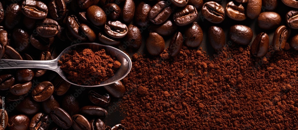 Aufkleber Close-up of coffee beans with a spoon of ground coffee on a mirrored background, creating a beautiful composition with ample copy space image.