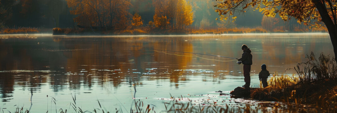 National Hunting and Fishing Day in the USA. a man is fishing with a fishing rod - Powered by Adobe
