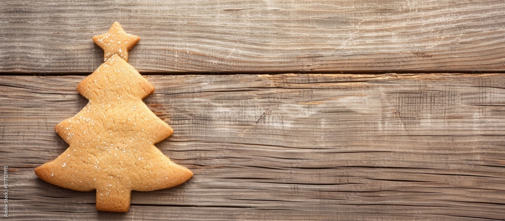Poster christmas tree-shaped cookie on a wooden background with copy space image.