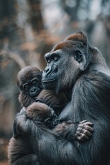 Obraz premium A mother gorilla cradles a baby in a zoographic scene, surrounded by trees and lush foliage