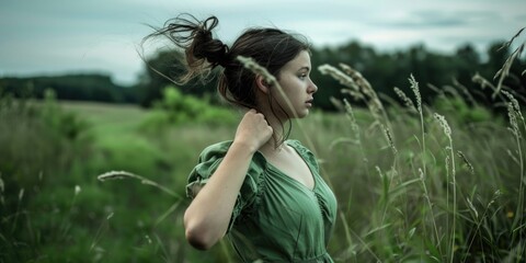 A woman stands amidst a field of tall grass, with the sun shining down