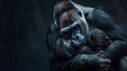 Fototapeta premium An adult gorilla cradles a baby gorilla against the backdrop of dark trees in dimly lit surroundings