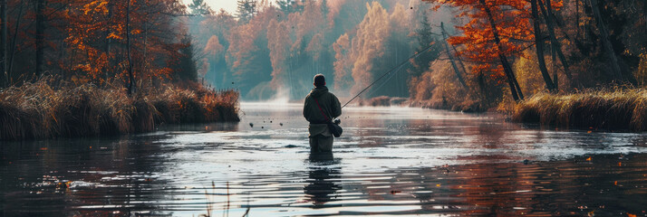 National Hunting and Fishing Day in the USA. a man is fishing with a fishing rod