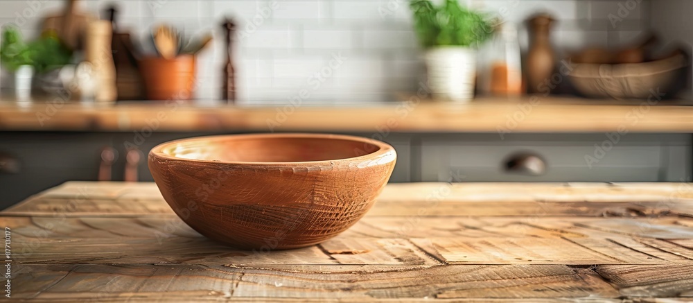 Aufkleber a wooden table showcasing an empty clay bowl, with ample copy space image for product display on a k