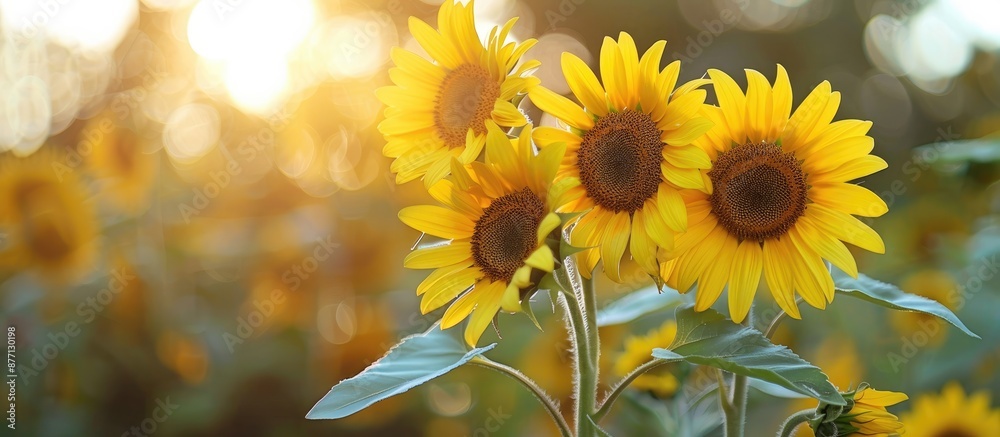 Poster sunflowers in a rural setting with a picturesque background perfect for a copy space image.