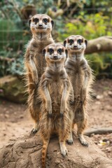 Fototapeta premium Three meerkats atop a dirt mound, before a fenced enclosure