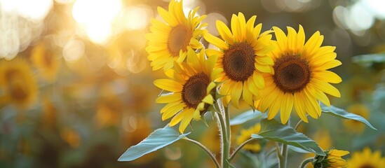 Fototapeta premium Sunflowers in a rural setting with a picturesque background perfect for a copy space image.