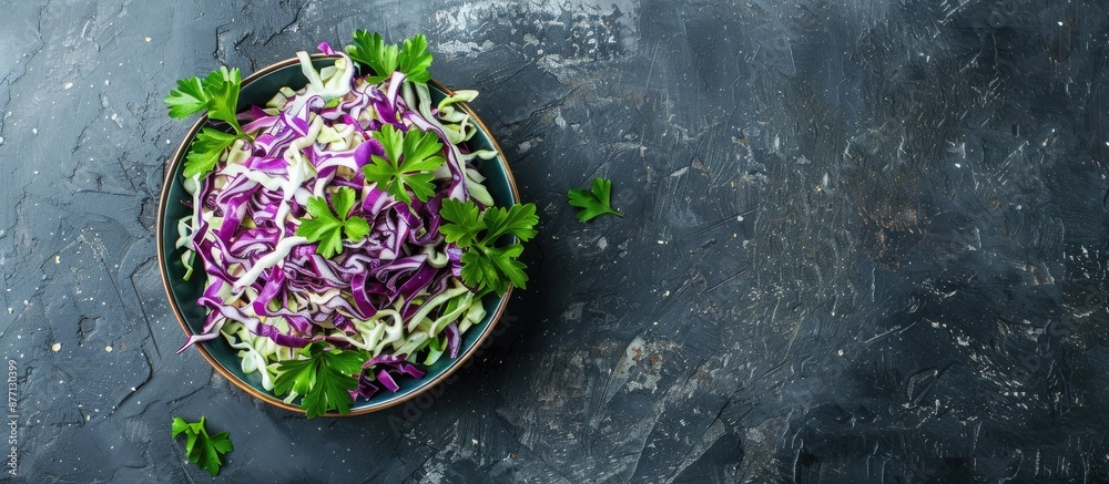Poster crunchy shredded cabbage mix with fresh greens for an appealing dish with copy space image.