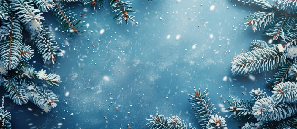 Aufkleber snow-textured blue background features decorated christmas fir tree branches with copy space image.