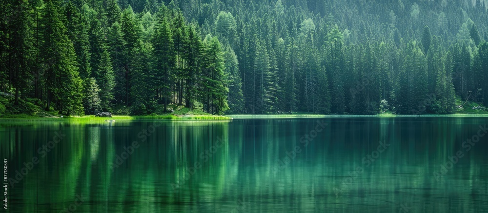 Poster Scenic view of a lake with a backdrop of a pine forest, ideal for a copy space image.