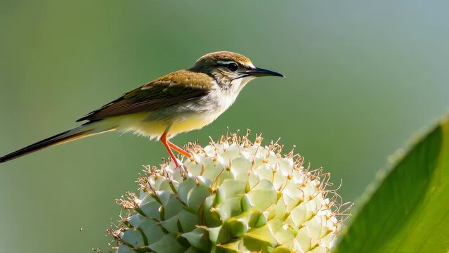 A bird similar to a spider hunter sits on a flower. Close-up, watching wildlife