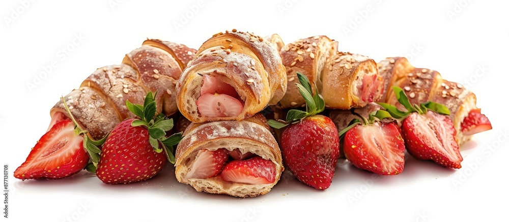 Poster Strawberry bread rolls arranged in a heap with a white backdrop providing space for images.
