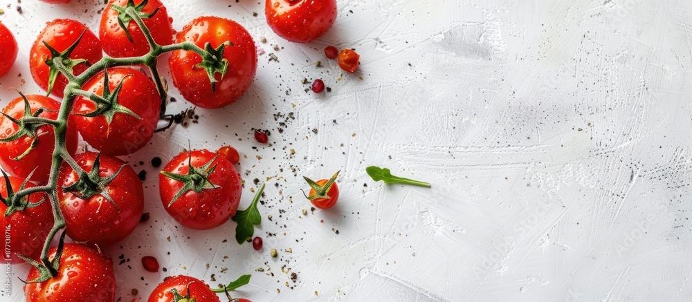 Poster Fresh red tomatoes on a white backdrop with copy space image available.