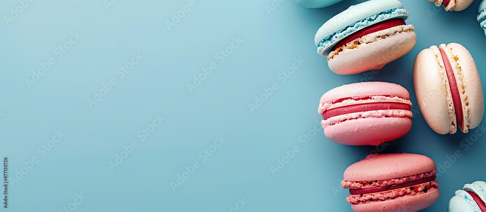 Poster Macarons displayed on a blue backdrop with an area for your own content known as copy space image.