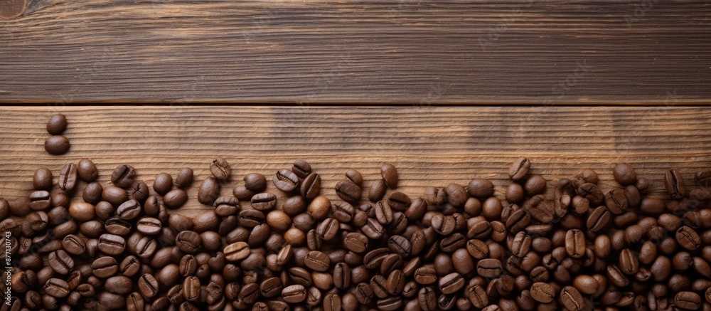 Aufkleber Coffee beans are arranged on a wooden surface background, creating a textured frame for a copy space image.
