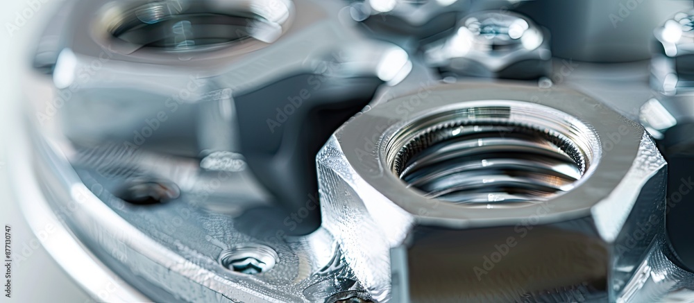 Poster close-up image of a metal nut fastening a car wheel on a white background, representing a car spare 