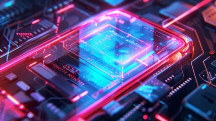 Fototapeta premium Futuristic circuit board with neon lights, close-up macro shot of technology hardware components, emphasizing innovation and digitalization.