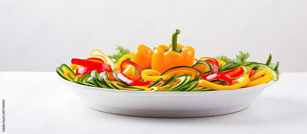 Poster colorful bell pepper slices and spring onion in a ceramic dish on a white background with copy space
