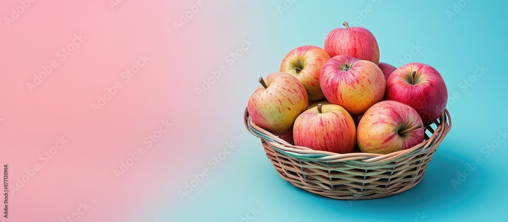 Poster a photo of ripe apples in a basket with pink and turquoise tones creating a vibrant look, showcasing