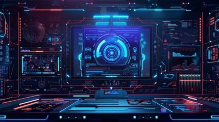 Obraz premium Futuristic computer interface with digital holographics in a dark room, showcasing advanced technology and intricate system designs.