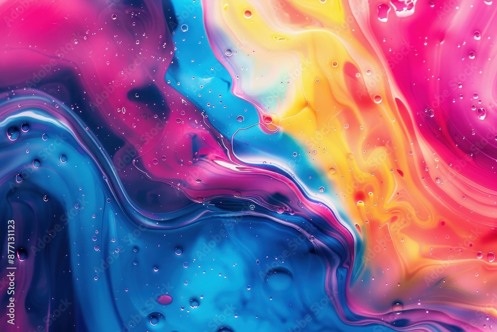 Poster abstract macro shot of colorful liquid swirls with bubbles creating a dynamic background