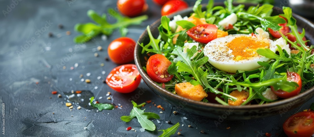 Poster arugula salad with cherry tomatoes, cheese, and egg in a bowl on a table with selective focus for a 