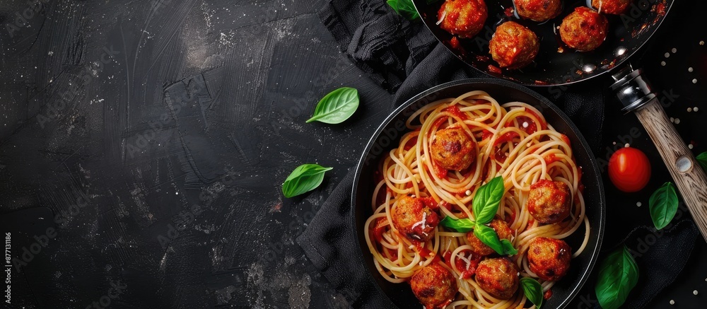 Poster Top view image of spaghetti with meatballs in tomato sauce on a frying pan against a dark table background with space for text.