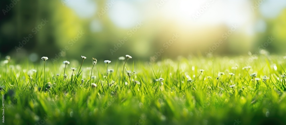 Poster Fresh green grass field with a blurred background, ideal as a natural backdrop for summer product advertising with copy space image.