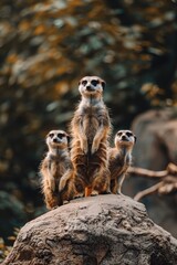 Fototapeta premium A group of meerkats atop a rock, surrounded by trees, and a nearby body of water