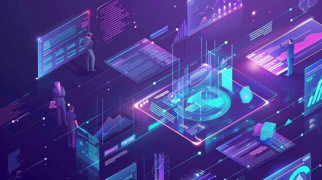 Futuristic digital interface with data visualization and analytics panels. Concept of advanced technology and data science.