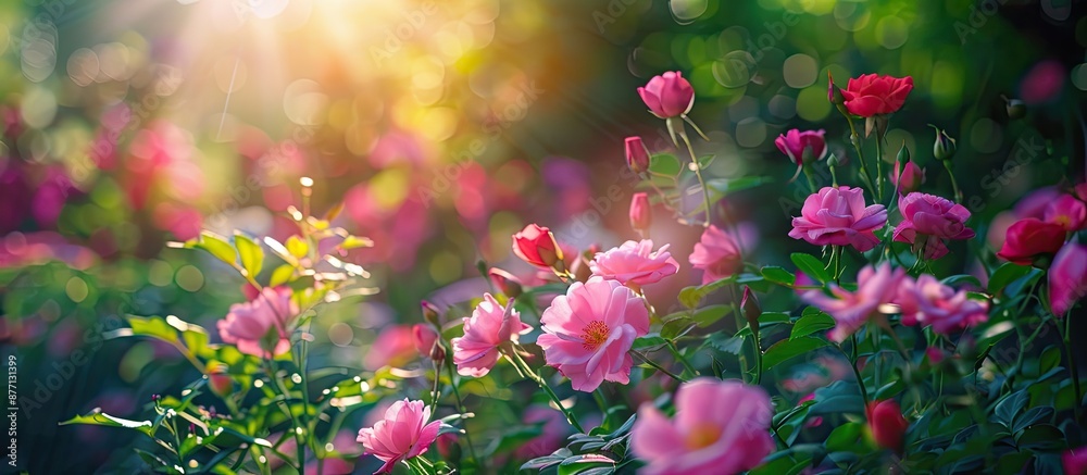 Poster flowers blooming in the garden, with a beautiful scenery and potential for using it in a copy space 