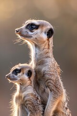 Fototapeta premium Two meerkats atop a dirt mound, side by side