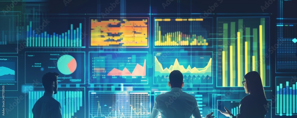 Poster group of business professionals analyzing data on multiple digital screens with charts and graphs in