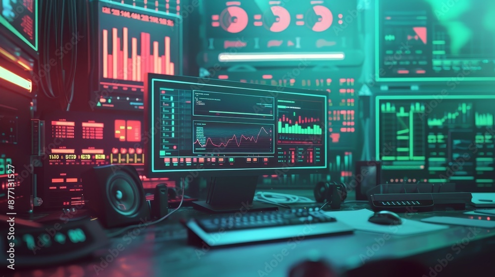 Poster futuristic workstation with multiple computer screens displaying data analytics in a vibrant, neon-l