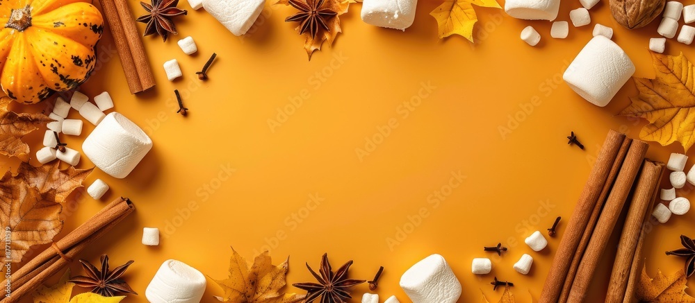 Aufkleber autumn-themed arrangement with cinnamon, marshmallows, anise, on a yellow backdrop, creating a festi