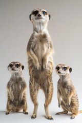  Three meerkats aligned, gazing at camera, white backdrop