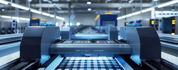 Obraz premium High-tech printing press machine operating in a modern factory, demonstrating advanced industrial printing technology.